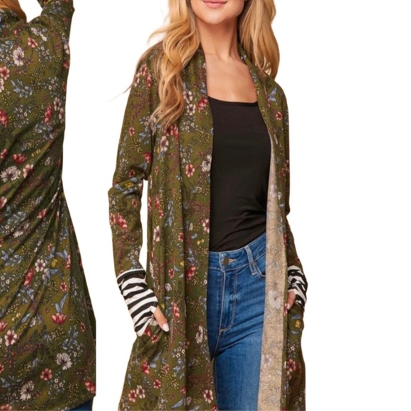 Green Mixed Print Maxi Cuff w/ Thumbholes Duster Cardigan - Picture 1 of 11
